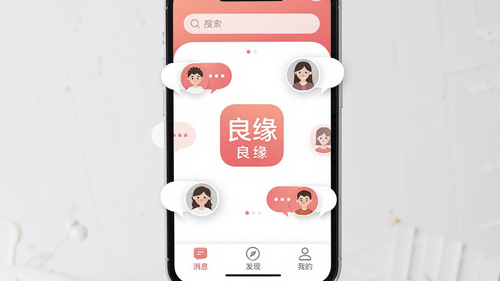 手机屏幕展示交友软件主界面,画面中央是“良缘”APP的图标和名称,周围环绕着多个用户头像气泡,界面以暖粉色和白色为主色调,布局简洁,顶部有搜索栏,底部有消息、发现、我的三个标签,风格现代扁平,细节圆润,画质干净无多余元素