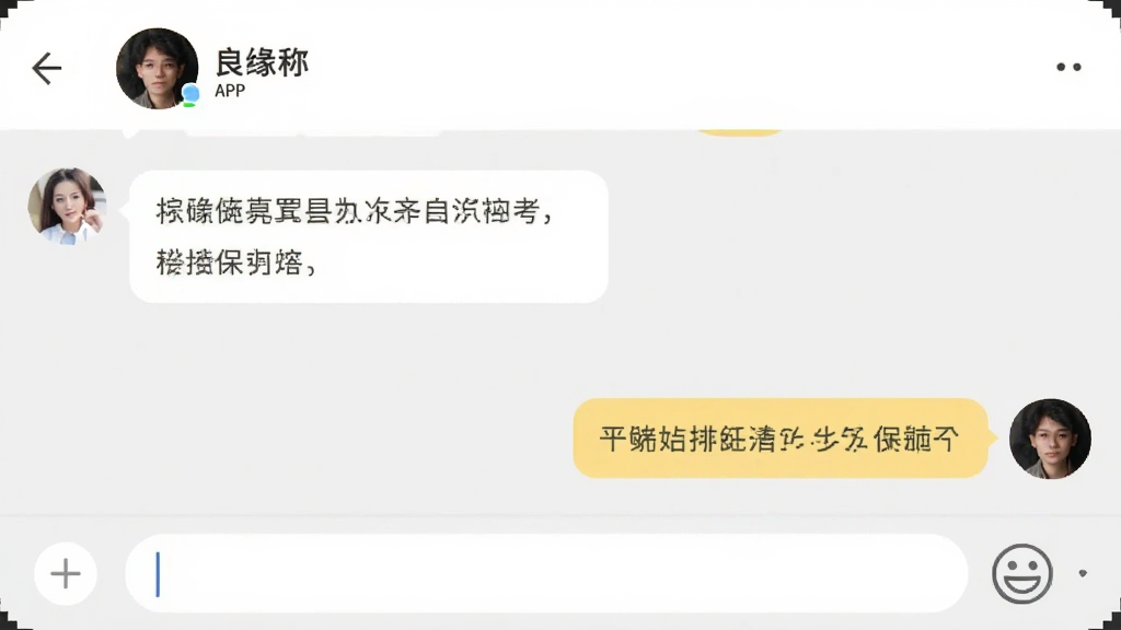 良缘APP的聊天对话界面,画面展示左右两侧的聊天气泡,左侧是对方发来的文字消息,右侧是自己的回复,底部有输入框和表情按钮,顶部显示对方头像和昵称,界面以白色和浅灰色为主,风格简约,画质干净无多余元素