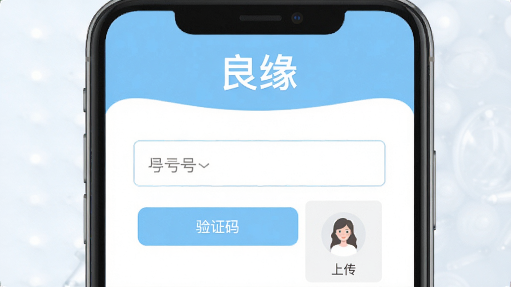 良缘APP的注册认证页面,画面展示手机号输入框、验证码按钮和头像上传区域,界面以浅蓝色和白色为主,顶部有“良缘”文字标识,背景干净,风格清爽,画质清晰无多余元素