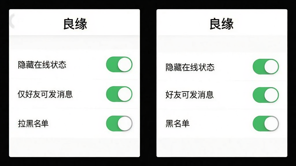 良缘APP的隐私设置页面,画面展示多个开关按钮,包括“隐藏在线状态”“仅好友可发消息”“拉黑名单”等选项,界面以白色为底,开关为绿色和灰色,顶部有“良缘”文字标识,风格简洁,画质清晰无多余元素