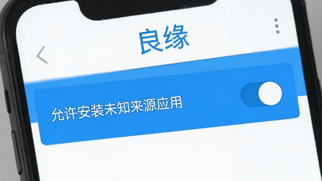 良缘APP在安卓手机上的安装权限设置界面,画面展示“允许安装未知来源应用”的开关按钮,界面以白色和蓝色为主,顶部有“良缘”文字标识,风格简洁,画质清晰无多余元素