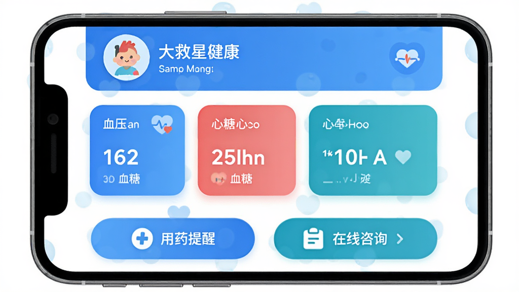 ����ǽ����� �ֻ�Ӧ�������� ��������APP ��ɫ���·�� ������ʾ�û��������� �м���ѪѹѪ���������ݿ�Ƭ �ײ�����ҩ���Ѻ�������ѯ��ť ��ƽ����� Բ��ͼ�� ���ʸɾ� �޶���Ԫ��