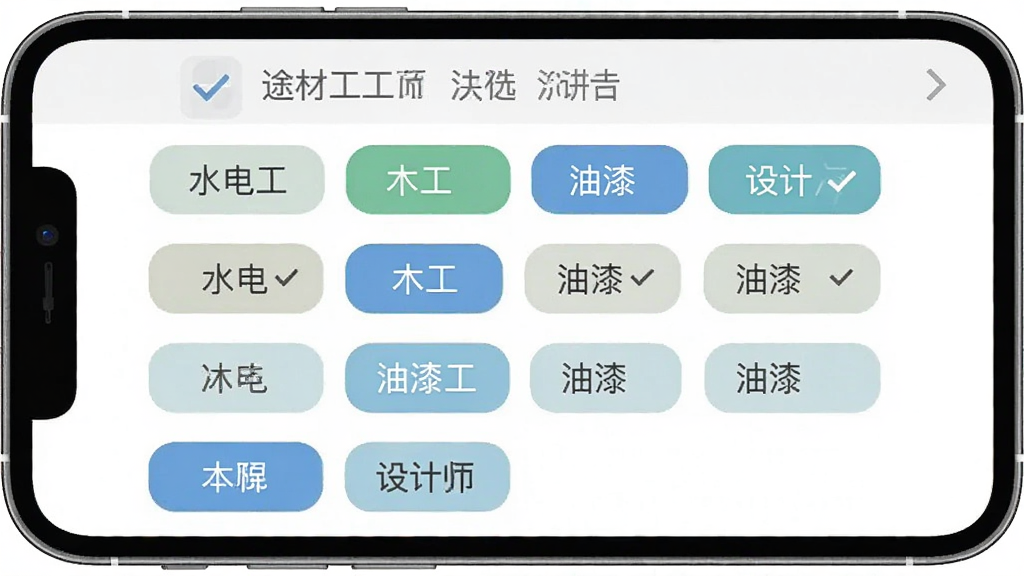 ;�Ĺ���ɸѡ����ҳ�棬�ֻ���Ļ��ʾ�������ѡ���ǩ������ˮ�繤��ľ�������Ṥ�����ʦ�ȣ����ֱ�ǩ����ѡ���������沼�������������С���У�����ƽ�������ʸɾ�
