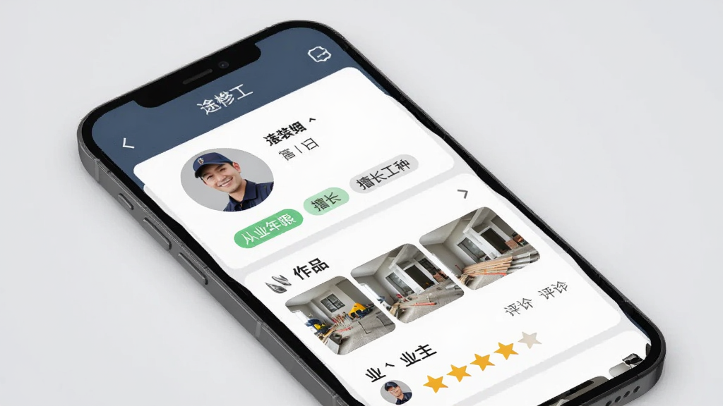 ;��ʦ��������ҳչʾ���ֻ���Ļ��ʾһ��װ�޹��˵ĸ�������ҳ�棬����ͷ�񡢴�ҵ���ޡ��ó����ֱ�ǩ����Ʒ������ͼ��ҵ�������Ǽ�������ǳ�ң���Ƭʽ���֣����רҵ��࣬���ʸɾ�
