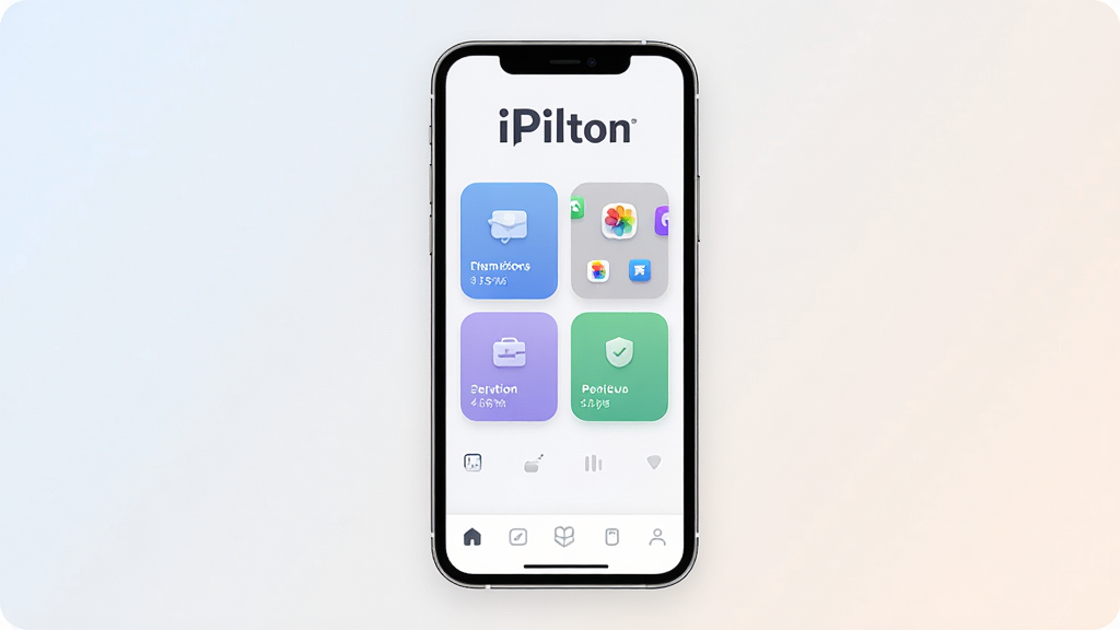 一张展示iPilton软件主界面的图片,主体是手机屏幕,布局简洁,顶部显示iPilton的Logo,中间是功能卡片式排列,底部有导航栏,排版清晰,风格现代扁平化,细节圆润,画质干净无多余元素,背景为浅色渐变。