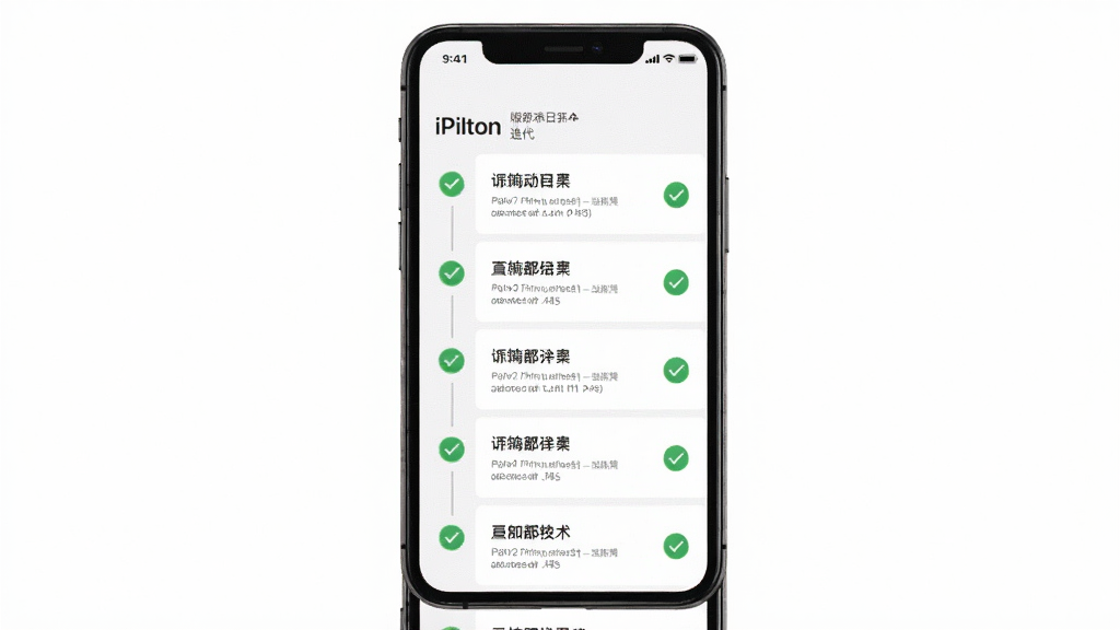 一张展示iPilton版本更新迭代的图片,主体是手机屏幕显示更新日志列表,布局为纵向时间轴,排版清晰,风格简约商务,细节上对勾图标为绿色,画质干净无多余元素,背景为纯白。