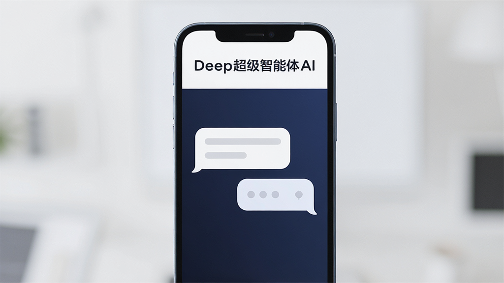 一张展示Deep超级智能体AI应用界面的图片,主体是手机屏幕,布局为中间显示简洁的对话气泡,顶部有Deep超级智能体AI字样,排版清晰,风格现代扁平化,细节圆润,画质干净无多余元素