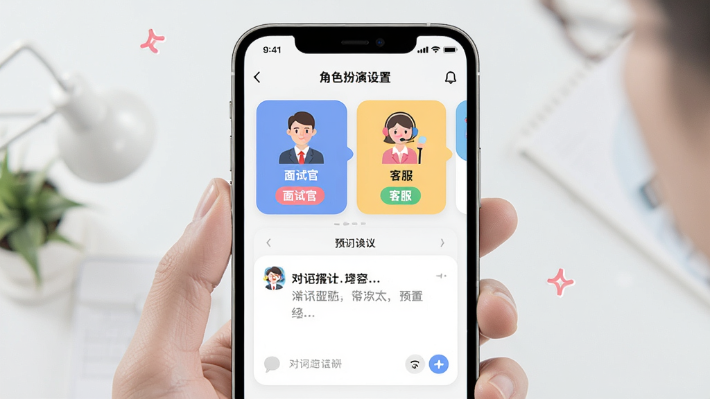 一张展示Deep超级智能体AI场景模拟功能的图片,主体是手机屏幕显示角色扮演设置界面,布局为上方选择角色卡片下方是对话预览,排版直观,风格轻松活泼,细节包含“面试官”“客服”等角色标签,画质干净无多余元素