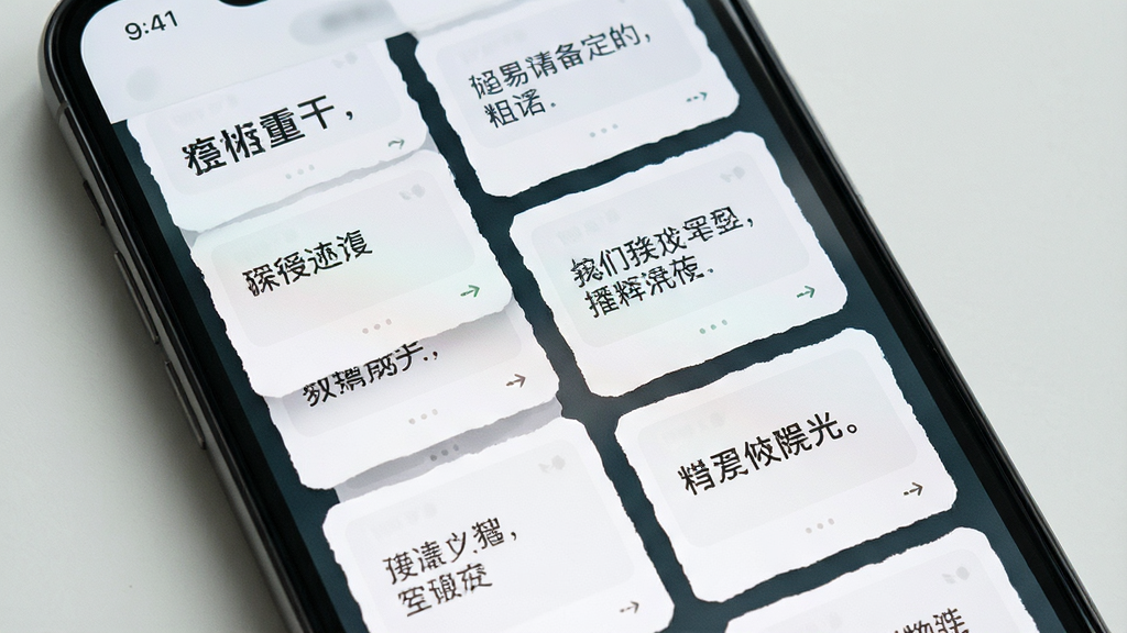 一张展示Deep超级智能体AI创意生成功能的图片,主体是手机界面显示多个文案选项卡片,布局为瀑布流式排列,排版错落有致,风格清新文艺,细节卡片上写有简短的文案示例,画质干净无多余元素