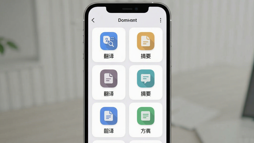 一张展示Deep超级智能体AI工具集成界面的图片,主体是手机屏幕显示功能图标网格,布局为四宫格或六宫格排列,排版整齐,风格统一扁平化,细节图标下方有“翻译”“摘要”等文字标签,画质干净无多余元素