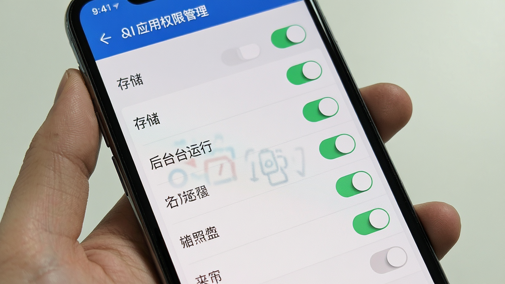 一张展示Deep超级智能体AI安装权限设置界面的图片,主体是手机屏幕显示应用权限管理列表,布局为纵向排列的开关按钮,排版清晰,风格系统原生感,细节显示“存储”“后台运行”等权限项,画质干净无多余元素