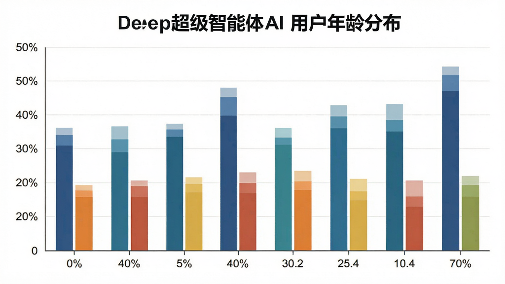 一张展示Deep超级智能体AI用户年龄分布的柱状图,主体是数据图表,布局为横轴年龄区间纵轴百分比,排版简洁明了,风格商务扁平,细节柱子颜色区分明显,画质干净无多余元素