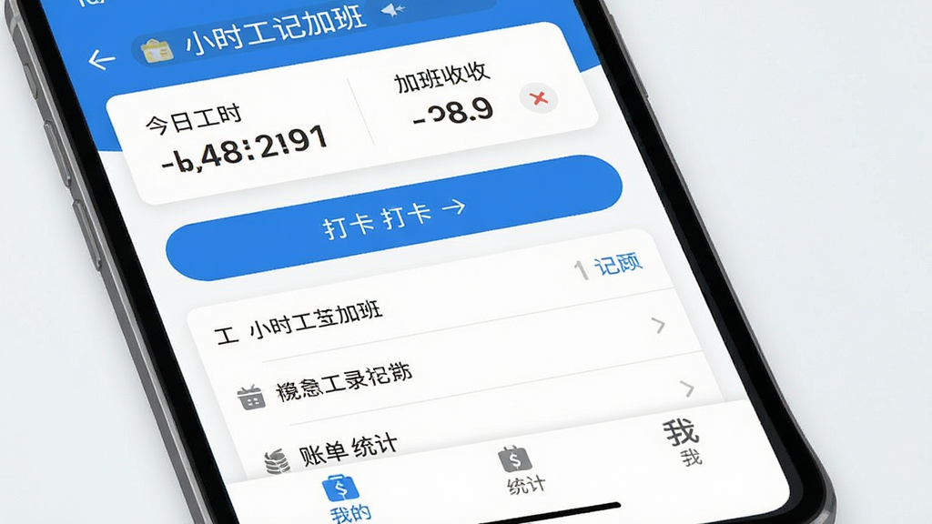 Сʱ���ǼӰ� �ֻ�Ӧ�������� չʾ��ʱ��¼�ͼӰ�ͳ�ƹ��� ������ɫ �ɾ���� �ִ���ƽ����� ������ʾ���չ�ʱ������ �м��Ǵ򿨰�ť�ͼ�¼�б� �ײ�Ϊ�˵� ͳ�� �ҵ�����ѡ� ���ֱ�ǩ���� ���ʸɾ� �޶���Ԫ��