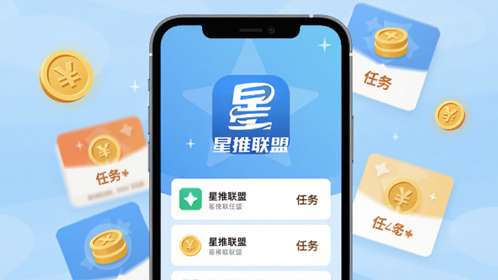 星推联盟应用主界面展示,手机屏幕中央显示星推联盟logo和任务列表,背景为浅蓝色渐变,周围环绕金币和任务卡片图标,扁平化设计风格,色彩明亮干净,画质清晰无多余元素