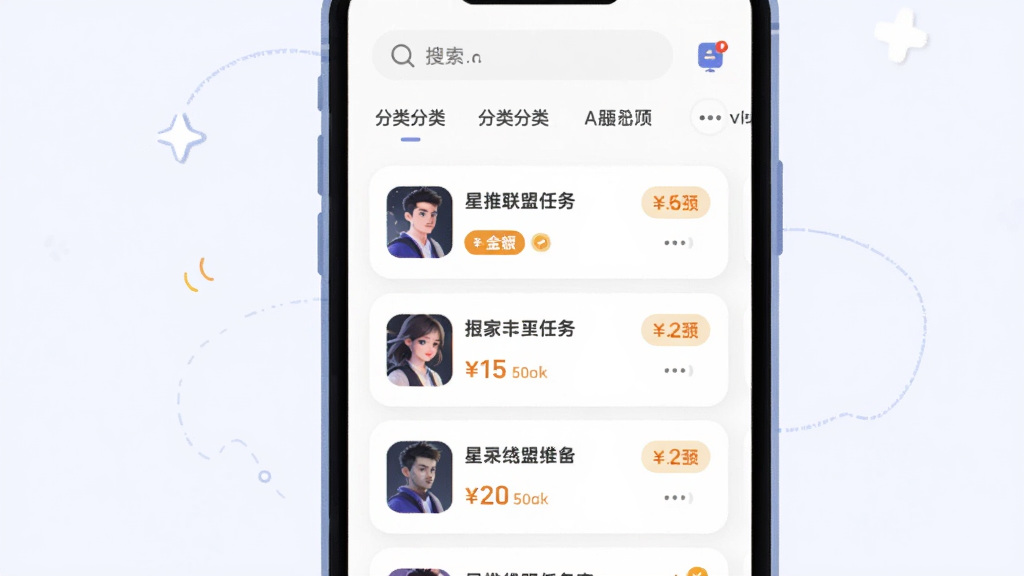 任务大厅界面截图风格插画,手机屏幕显示星推联盟任务列表,每条任务带有标签和金额图标,背景为白色卡片式布局,顶部搜索框和分类筛选栏,扁平化UI风格,细节圆润,画质干净