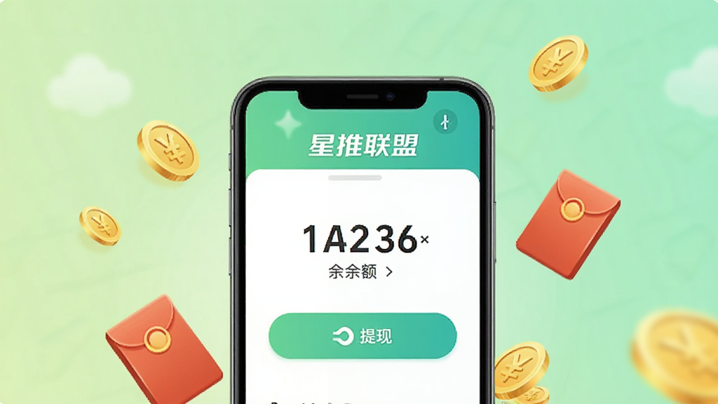 星推联盟钱包提现页面示意图,手机界面显示余额数字和提现按钮,背景为浅绿色渐变,周围有金币和红包漂浮元素,风格简洁明快,画质清晰,文字标注“星推联盟”