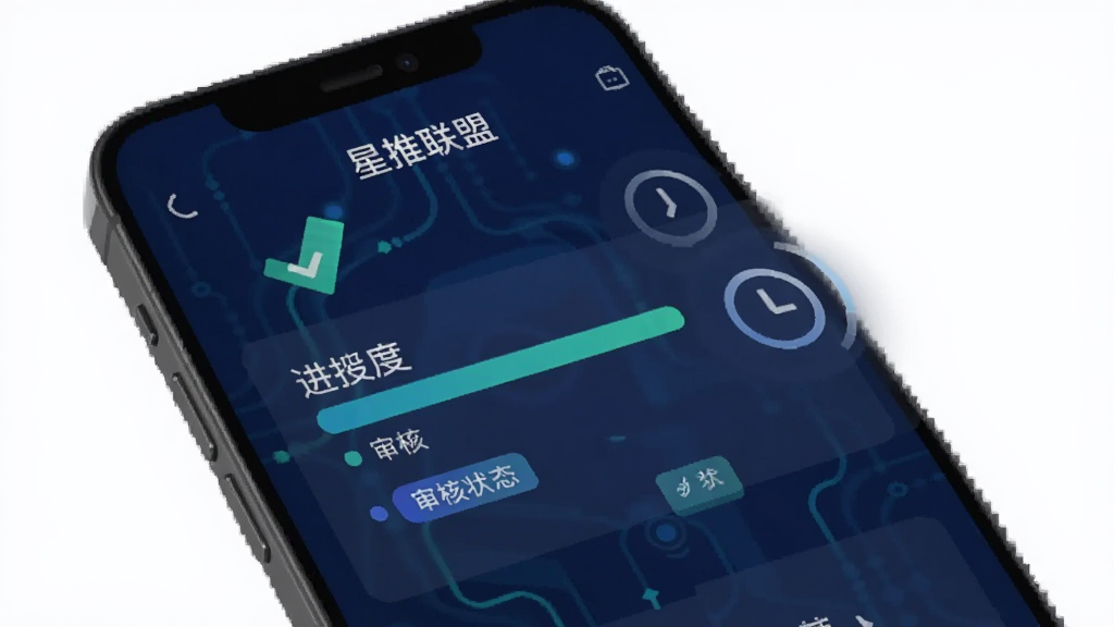 星推联盟任务进度追踪界面,手机屏幕显示进度条和审核状态标签,背景为深蓝色科技感风格,带有对勾和时钟图标,扁平化设计,画质干净无多余元素