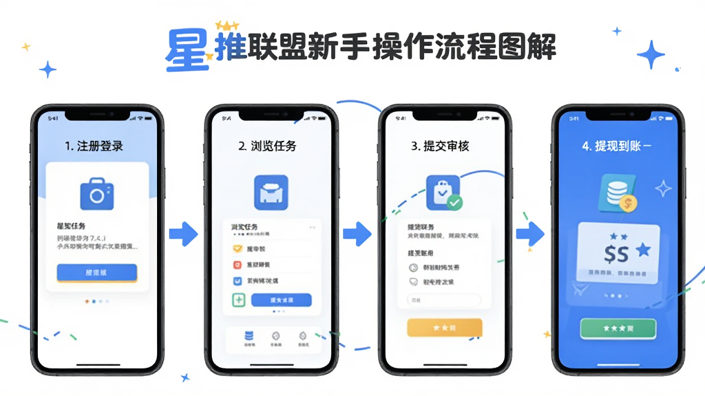 星推联盟新手操作流程图解,手机界面分步骤展示注册登录、浏览任务、提交审核、提现到账四个环节,背景为白色简洁风格,带有箭头引导和星推联盟logo,扁平化设计,画质清晰