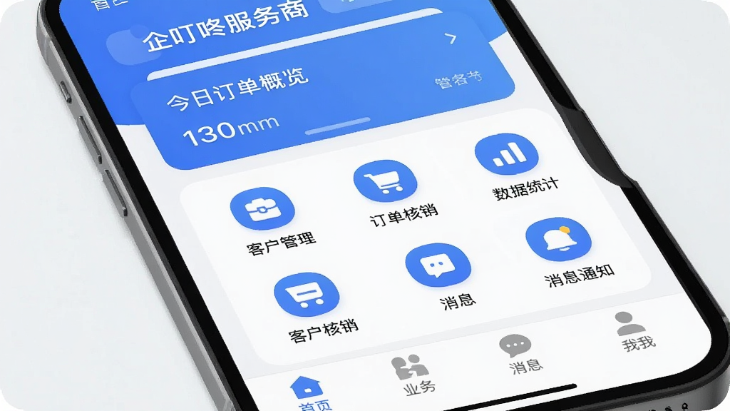 �ֻ���Ļչʾ�����˷����̡�App�����棬�������̼����ƺͽ��ն���������Ƭ���м��ǹ���ͼ����������ͻ���������������������ͳ�ơ���Ϣ֪ͨ���ײ�������Ϊ��ҳ��ҵ����Ϣ���ҵģ������ɾ�ǳɫ��ͼ��Բ���ƽ����ƣ�������ɫ�������������޶���Ԫ�أ��������ִ����