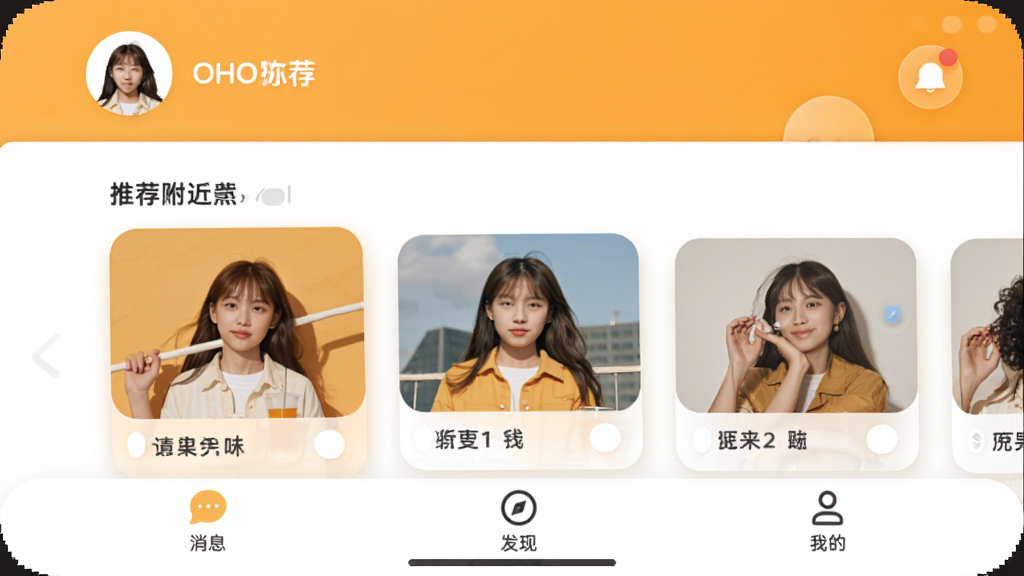 OHO sunshine 软件主界面,整体布局简洁明快,顶部是用户头像和昵称,中间是卡片式滑动推荐附近用户,底部是消息、发现、我的三个选项卡,主色调为温暖的橙黄色和白色,风格清新现代,细节圆润,画质干净无多余元素。