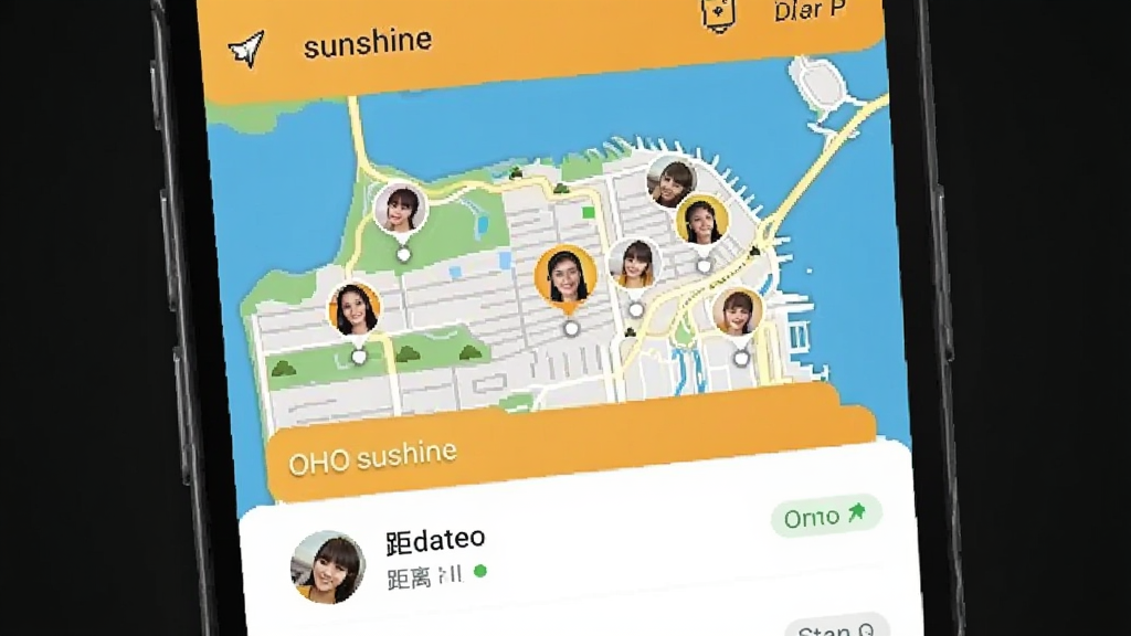 OHO sunshine 附近的人功能界面,地图上显示用户头像标记,下方是用户列表,显示距离和在线状态,界面风格清新,橙黄色点缀,画质干净无多余元素。