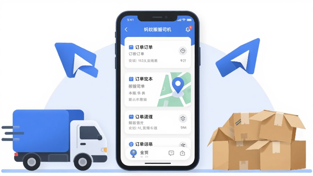 一张手机屏幕展示蚂蚁搬搬司机端应用主界面,画面中央是手机,屏幕显示订单列表和地图定位,周围环绕搬家货车、纸箱、导航箭头等元素,整体布局清晰,扁平化设计风格,蓝白配色为主,细节圆润,画质干净,无多余元素