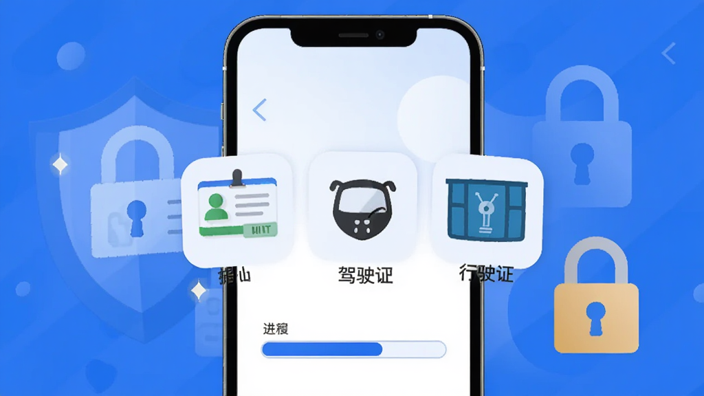 蚂蚁搬搬司机端司机认证页面,手机屏幕显示上传身份证、驾驶证、行驶证的图标和进度条,背景有盾牌和安全锁元素,整体布局简洁,蓝白配色,扁平化设计风格,画质干净,无多余元素
