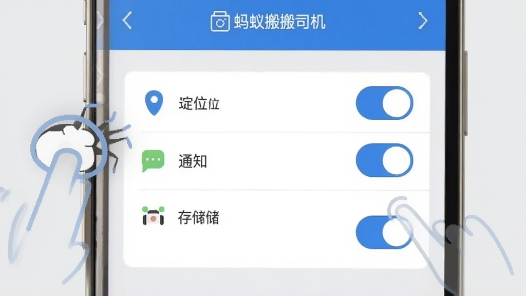 一张手机屏幕显示蚂蚁搬搬司机端权限设置界面,包含定位、通知、存储等开关选项,旁边有手指点击的图标,背景是浅灰色,整体布局清晰,扁平化设计风格,蓝白配色,画质干净,无多余元素