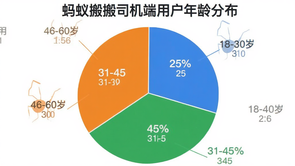 一张饼状图展示蚂蚁搬搬司机端用户年龄分布,18-30岁占25%,31-45岁占45%,46-60岁占30%,图表颜色用蓝、绿、橙区分,背景白色,整体风格简洁现代,文字标签清晰,画质干净,无多余元素