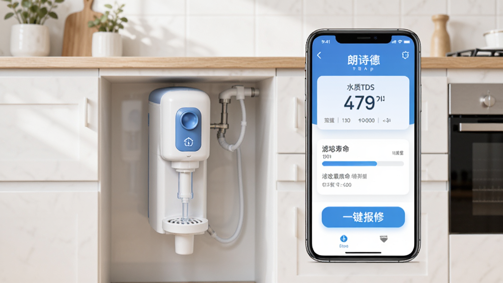 朗诗德在线App首页界面展示,画面中央是一部智能手机,手机屏幕显示净水器设备状态面板,包含水质TDS数值、滤芯寿命进度条、一键报修按钮,背景是温馨的现代厨房场景,净水器安装在橱柜下方,整体风格简洁明亮,蓝白配色,画质干净清晰,无多余元素