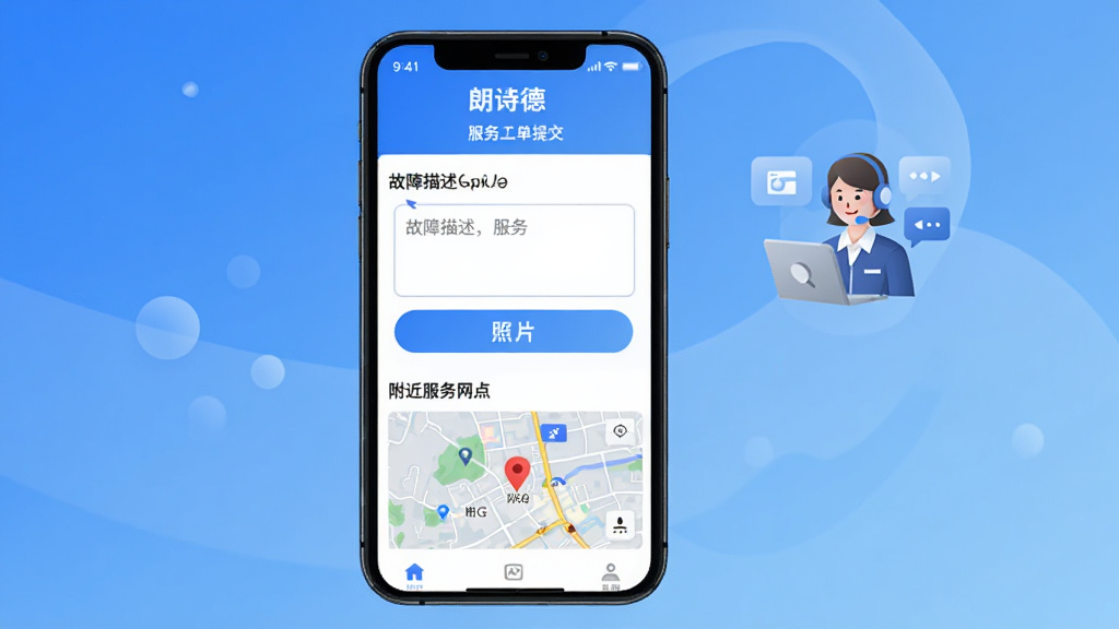 朗诗德在线App报修服务界面展示,手机屏幕显示服务工单提交页面,包含故障描述输入框、照片上传按钮、附近服务网点地图标记,背景是简洁的蓝色渐变,画面中有客服人员远程协助的抽象图标,整体风格专业可靠,画质干净无多余元素