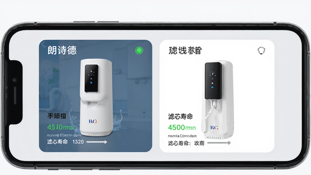 朗诗德在线App多设备管理界面,手机屏幕显示设备列表页面,有两台不同型号的净水器卡片并列排列,每张卡片显示设备名称、在线状态、滤芯寿命,背景是淡灰色,界面布局清晰,风格简约现代,画质干净无多余元素