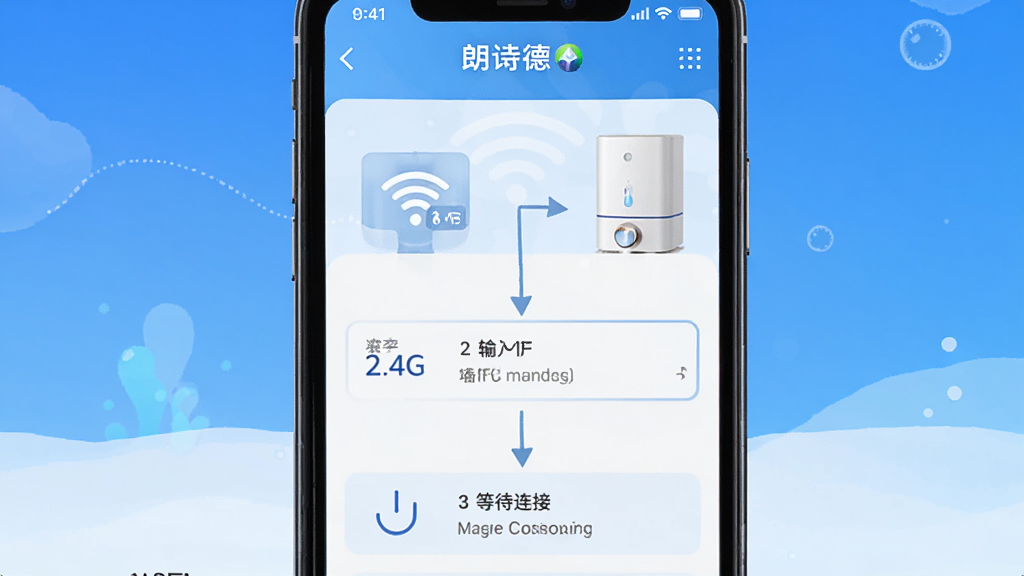朗诗德在线App配网操作指引界面,手机屏幕显示添加设备流程,包含选择WiFi、输入密码、等待连接三个步骤的截图示意,画面中有2.4G WiFi图标和净水器图标,用箭头连接,背景简洁,风格清晰易懂,画质干净无多余元素