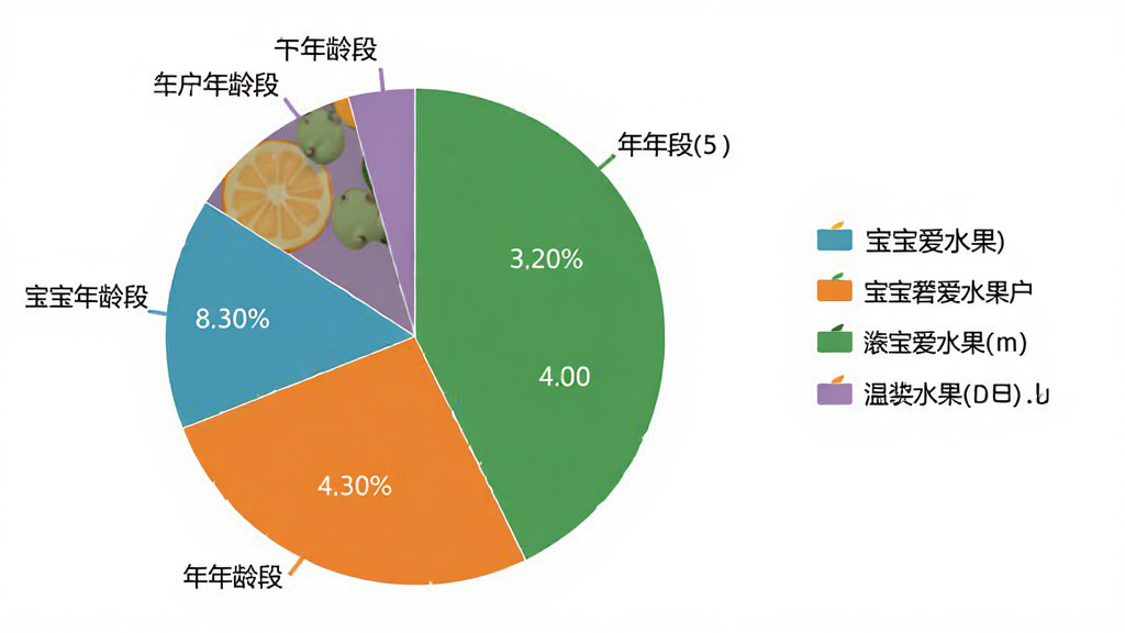 宝宝爱水果 用户年龄分布饼状图 展示 不同年龄段用户占比 布局 饼图在中央 图例在右侧 排版 清晰 风格 数据可视化 简约 细节 颜色区分明显 标签清楚 画质 高清 干净 无多余元素
