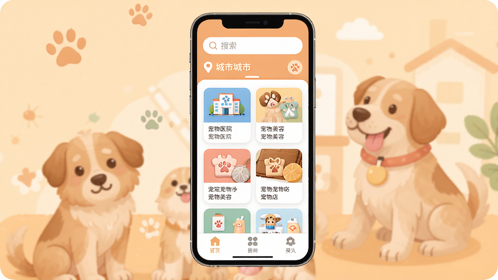 一张手机屏幕展示宠才宝APP主界面,界面顶部是搜索框和城市定位,中间是宠物医院、宠物美容、宠物店等岗位卡片列表,底部有三个导航选项卡,背景是暖色调的宠物插画风格,画面干净整洁,主体突出,排版清晰,风格现代扁平化,细节圆润,画质高清,无多余元素