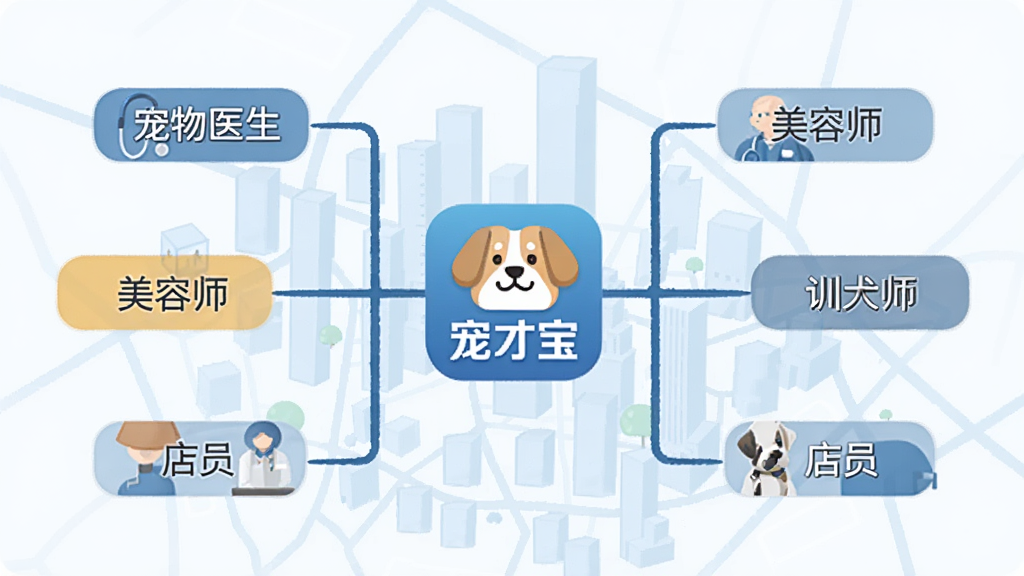 一张信息图表风格的插画,画面中央是宠才宝的图标,周围延伸出多个分支,分别标注“宠物医生”、“美容师”、“训犬师”、“店员”等岗位标签,背景是浅蓝色的城市地图轮廓,风格简洁商务,排版整齐,画质清晰干净,无多余元素