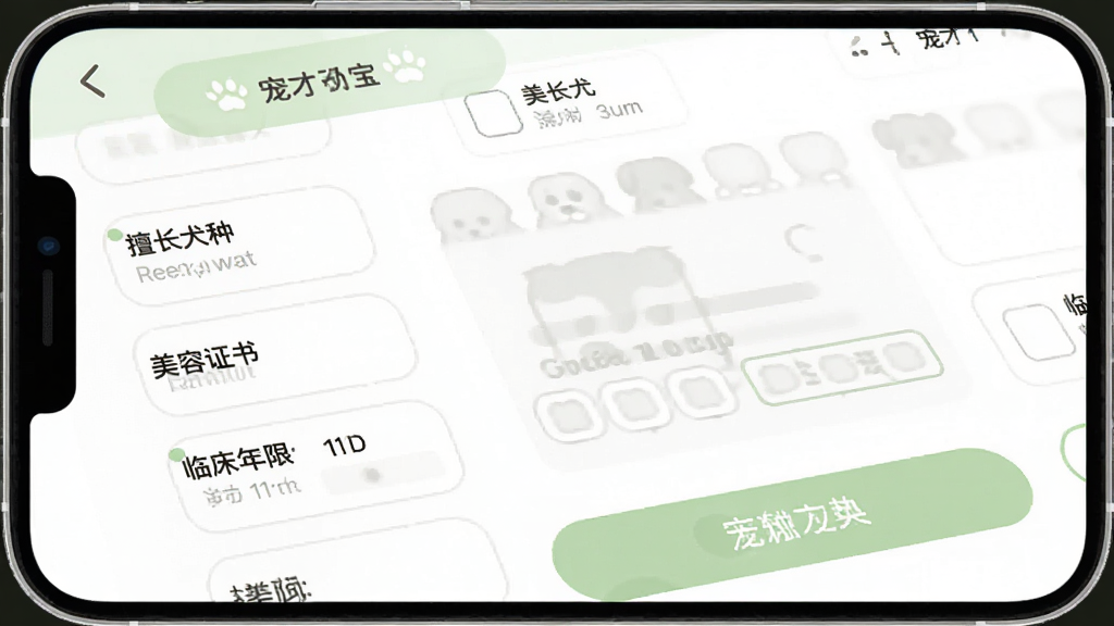 一张手机界面截图风格的图片,画面展示宠才宝的简历编辑页面,表单里包含“擅长犬种”、“美容证书”、“临床年限”等选项,界面以白色和浅绿色为主,按钮圆润,排版清晰,风格干净现代,画质高清,无多余元素