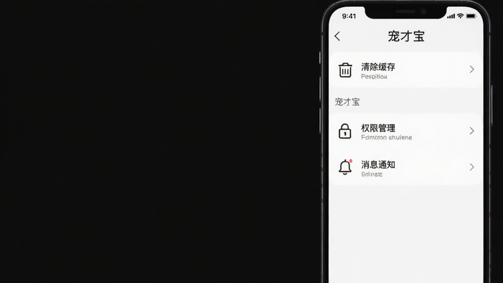 一张手机屏幕截图,展示宠才宝的设置页面,页面中有“清除缓存”、“权限管理”、“消息通知”等选项,界面以白色背景为主,图标是线性的,风格简洁,画质清晰,无多余元素