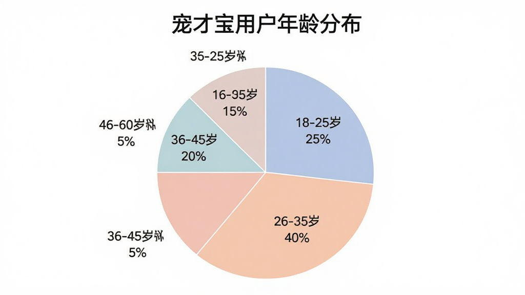一张饼状图,标题为“宠才宝用户年龄分布”,图表显示18-25岁占比25%,26-35岁占比40%,36-45岁占比20%,46-60岁占比15%,图表颜色柔和,数据标签清晰,背景干净,风格简洁商务,画质清晰