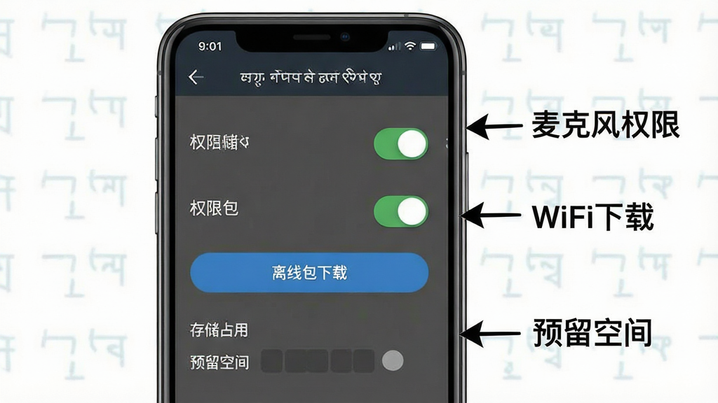 一张信息图风格的图片,画面中展示手机屏幕上的尼泊尔语翻译应用设置界面,标注出权限开关、离线包下载按钮和存储占用情况,旁边有箭头和文字说明“麦克风权限”“WiFi下载”“预留空间”,整体风格简洁明了,画质清晰干净