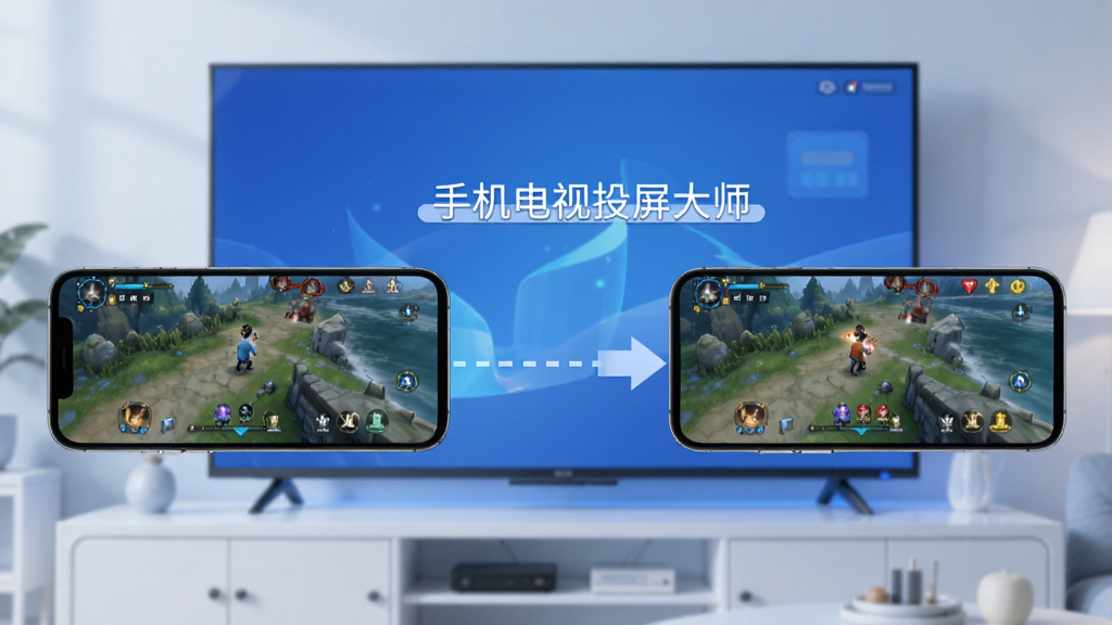 手机电视投屏大师镜像同屏功能展示,画面中一部手机正在玩游戏,屏幕画面实时同步到背景的大电视上,手机和电视之间用虚线箭头连接表示镜像关系,整体布局对称,风格科技感但简洁,蓝白色调,画质清晰干净,图片中带有文字