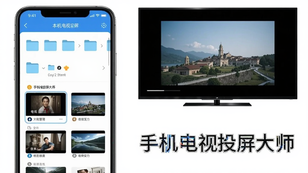 手机电视投屏大师本地文件管理界面展示,画面中手机屏幕显示文件夹列表和媒体文件缩略图,右侧电视屏幕显示正在播放的照片,布局整洁,风格扁平化设计,蓝白配色,细节清晰,画质干净无多余元素,图片中带有文字