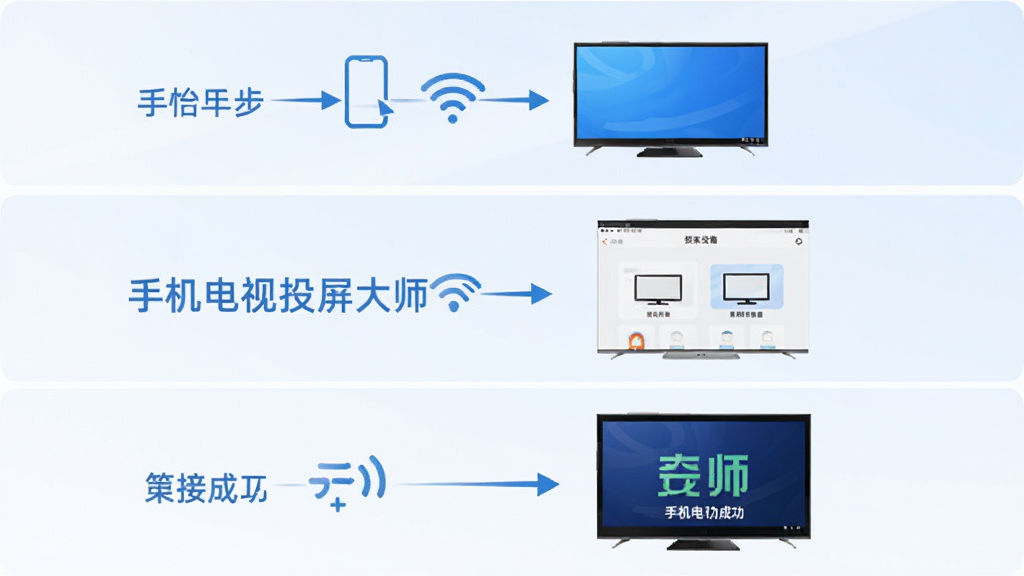 手机电视投屏大师新手操作步骤示意图,画面分为三个步骤展示,第一步手机和电视连接同一WiFi图标,第二步打开软件搜索设备界面,第三步点击连接成功投屏画面,布局从上到下排列,风格简洁清晰,蓝白色调,画质干净无多余元素,图片中带有文字