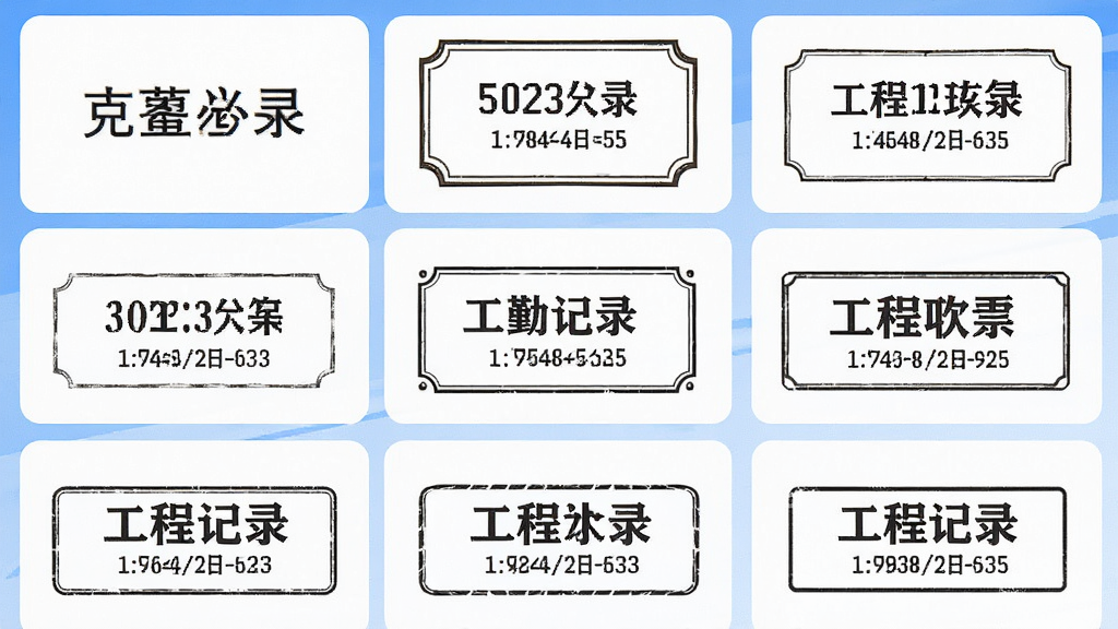 考勤打卡水印相机 水印模板选择界面 网格排列多种水印样式 包含简约文字款 复古边框款 工程记录款 每款水印上显示时间地点信息 界面整洁 蓝白主色调 图标清晰 画质干净无多余元素