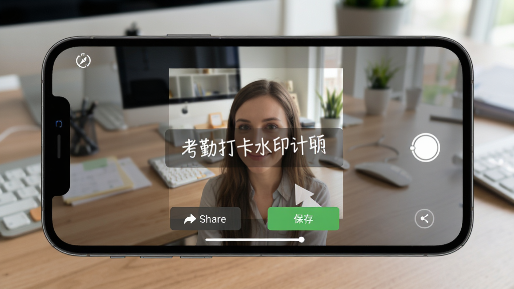 考勤打卡水印相机 照片预览界面 水印可拖动调整位置 底部有分享按钮和保存按钮 背景为办公桌 手机横屏展示 界面简洁 操作直观 画质清晰