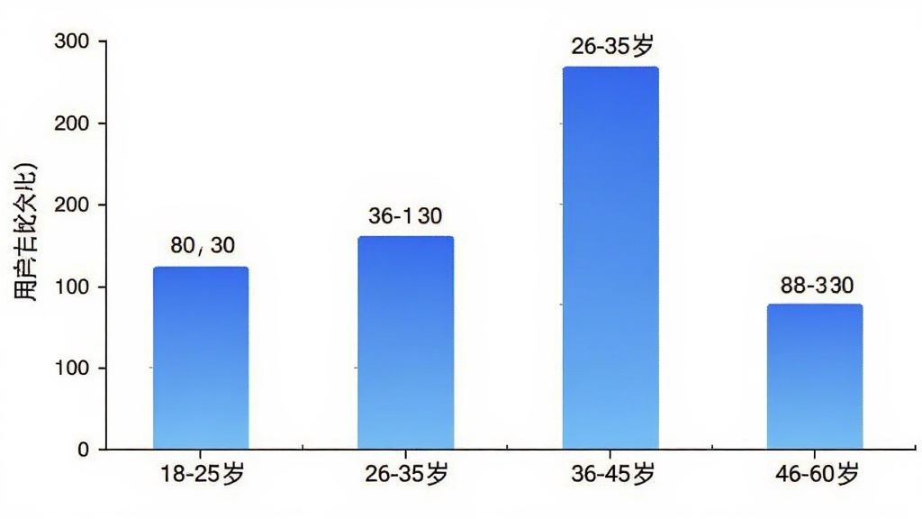 考勤打卡水印相机 用户年龄分布柱状图 横轴为18-25岁 26-35岁 36-45岁 46-60岁 纵轴为用户占比 柱状图显示26-35岁占比最高 颜色为蓝色渐变 背景白色 图表清晰 数据标签明确