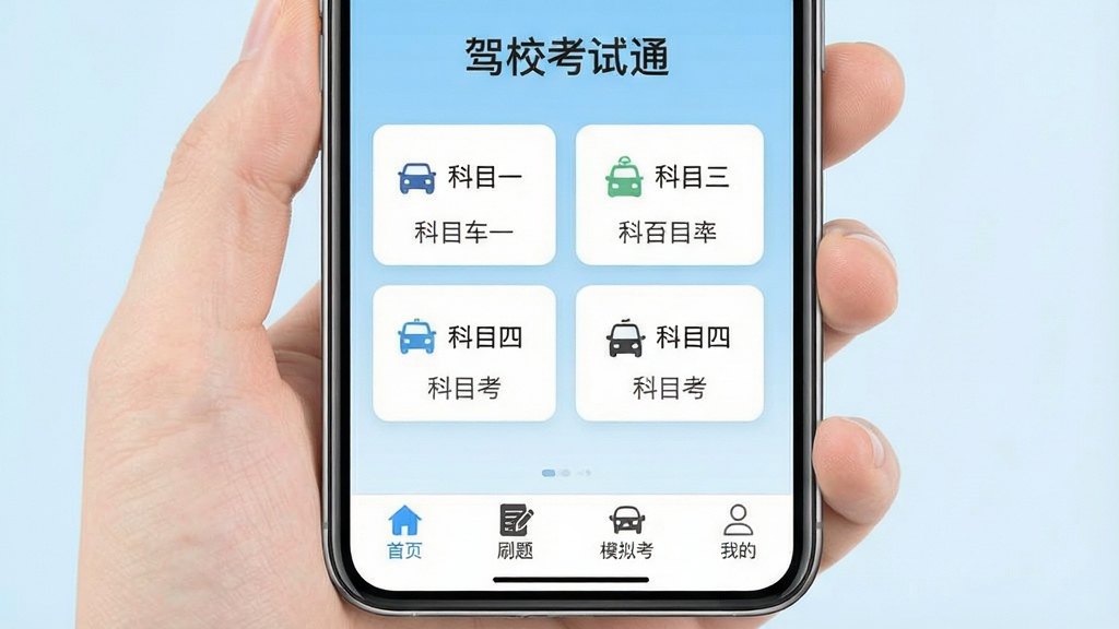 һ���ֻ���Ļչʾ��У����ͨApp�����棬������ʾ����У����ͨ�����⣬�м��ǿ�Ŀһ����Ŀ�ĵ������ڿ�Ƭ���ײ��������С���ҳ����ˢ�⡱��ģ�⿼�����ҵġ��ĸ�ͼ�꣬����Ϊǳ��ɫ���䣬������ִ�����ƽ����ƣ�ϸ�ڸɾ��޶���Ԫ�أ����ʸ���