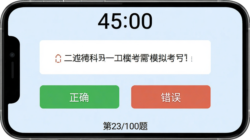 ��У����ͨApp��Ŀһģ�⿼�Խ��棬��������ʱ��ʾ��45:00�����м���һ���ж��⣬�·��С���ȷ������������ѡ�ť���ײ���ʾ����23/100�⡱����������ɫ����������������࣬���ʸɾ��޶���Ԫ��