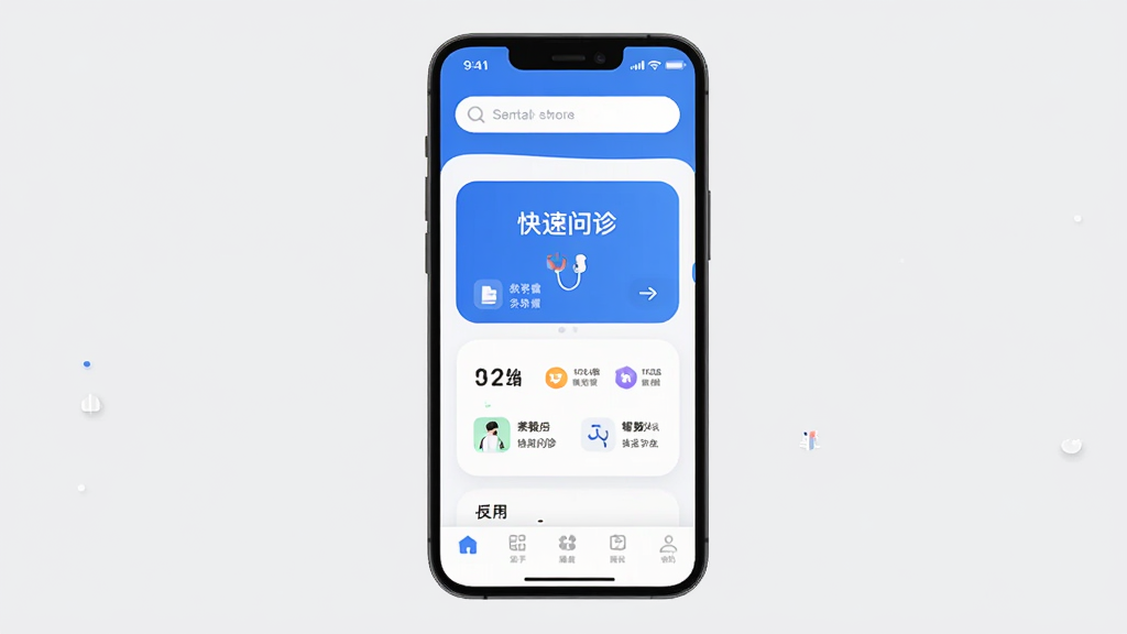 ������ҽ Ӧ��������չʾ������Ϊ�ֻ���Ļ����Ļ�ڳ���������ɫ�Ľ�����ѯApp���棬�������������м俨Ƭʽչʾ����������ڣ��ײ������������ּ���������Ű����������ִ���ƽ����ϸ��Բ�󣬻��ʸɾ����޶���Ԫ��