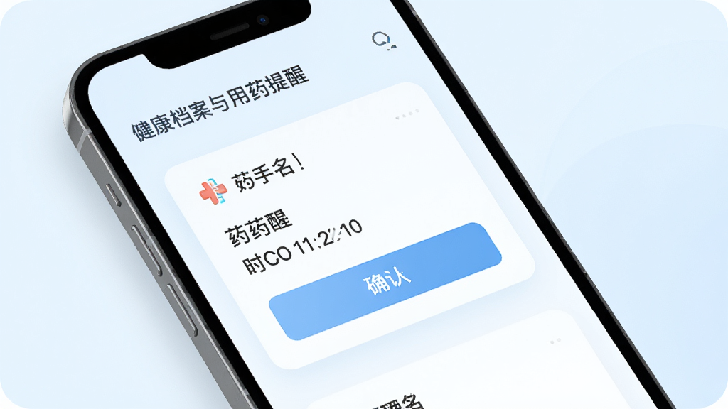 ������ҽ ������������ҩ���ѽ��棬����Ϊ�ֻ���Ļ����Ļ��չʾ��ҩ���ѿ�Ƭ������ҩ����ʱ�䡢ȷ�ϰ�ť������Ϊǳɫ������Ϊ�б�ʽ��������£�ϸ����ͣ����ʸɾ����޶���Ԫ��